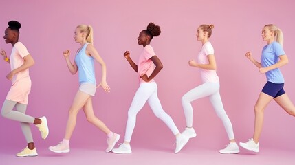Fototapeta premium Full length body size view five different nice dreamy lovely attractive charming positive thin slim people having fun isolated over pastel pink violet purple grey background.