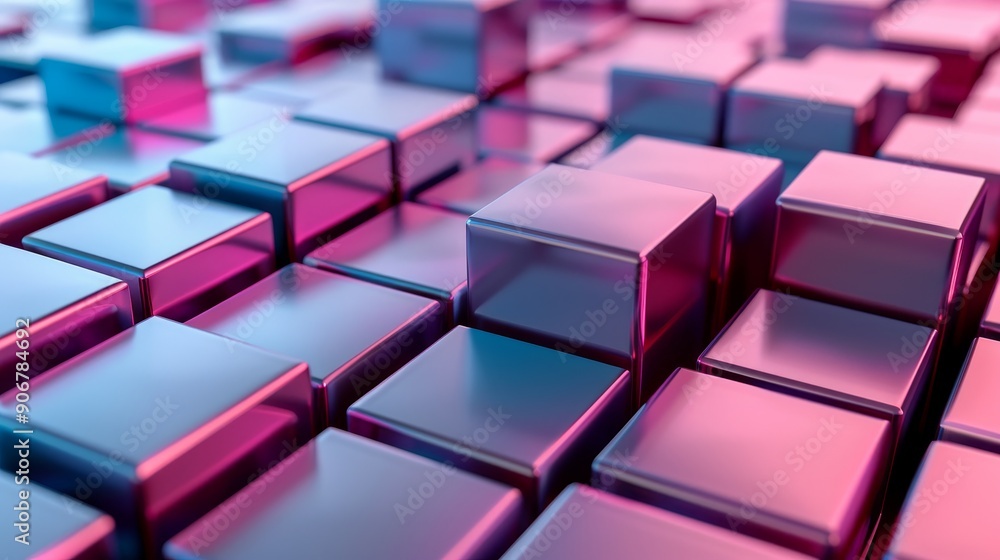 Poster abstract pattern of blue and pink glossy cubes in a grid.