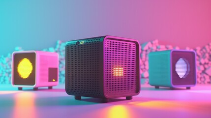 Three colorful cube speakers in a vibrant neon light.