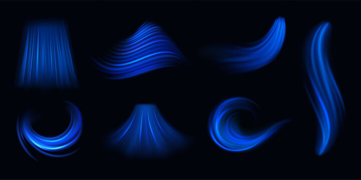 Air flow effect. Freezing airflow with shimmering blue light, wind or draft movement. Breeze or current with flickering, wind gust or conditioner whiff. Vector 3d realistic illustration