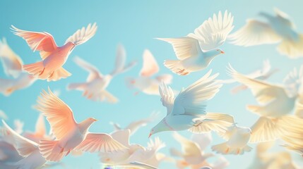 A flock of white and pink doves soar through a clear blue sky, bathed in sunlight.