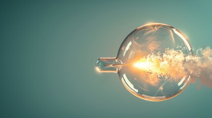 A glowing orb inside a glass sphere with smoke trailing behind it, against a teal background.