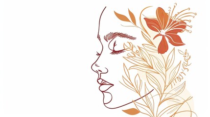Women face in one line art style with flowers and leaves.Continuous line art in elegant style for prints, tattoos, posters, textile, cards etc. Beautiful woman face Vector illustration 