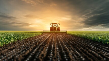 A tractor working a field at sunset. The tractor is in the center of the image and is facing the viewer. The field is green and the sky is cloudy.