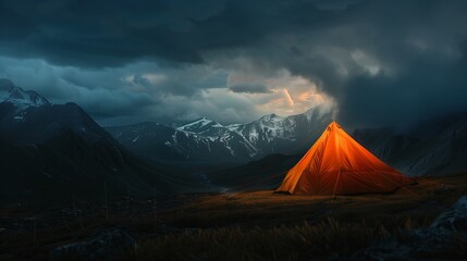 Glowing orange tent in the mountains under dramatic evening sky.