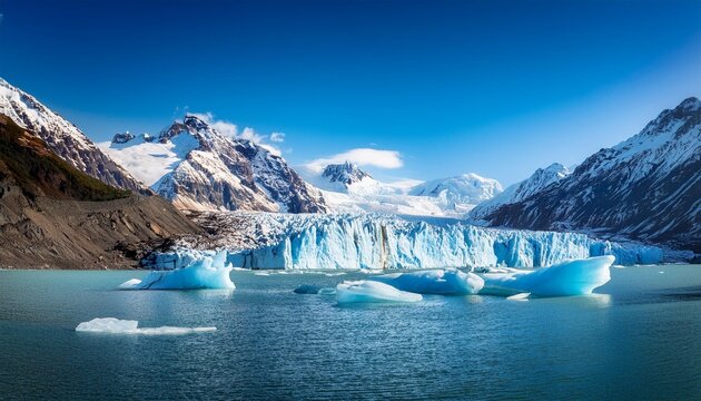 A serene glacier with striking blue ice formations, set against a backdrop of rugged snow-capped mountains and a crisp, clear sky.