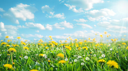 Fototapeta premium A beautiful meadow field with fresh grass and vibrant yellow dandelion flowers, set against a dreamy, blurry blue sky with clouds, capturing the essence of spring and summer