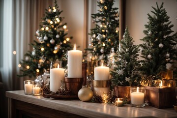 Christmas composition on the shelf in the living room interior. Beautiful decoration. Christmas trees, candles, stars