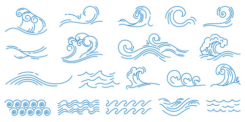 Water line waves. Sea wave with splashes, blue ocean wavy decorative shapes. Water linear marine decoration. Abstract aqua, liquid flow simple graphics, nautical oceanic surf symbols vector set. © Frogella.stock