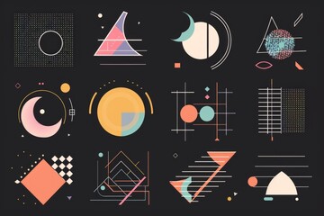 A collection of geometric shapes set against a dark, contrasting background