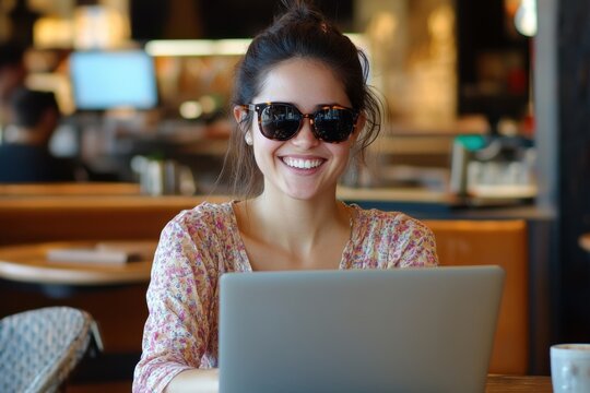 Young smiling blind woman working with her laptop in a cafe