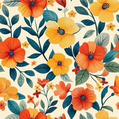 Fototapeta premium Seamless pattern with flowers and leaves. Hand drawn illustration.