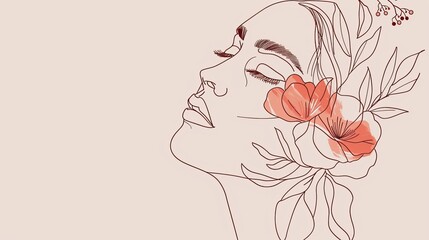 Women face in one line art style with flowers and leaves.Continuous line art in elegant style for prints, tattoos, posters, textile, cards etc. Beautiful woman face Vector illustration