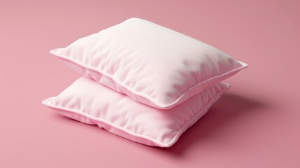 Two white pillows with pink trim stacked on a pink background.