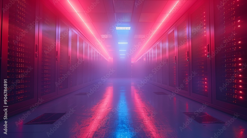 Poster a vibrant data center hallway glows with neon lights, creating an atmospheric haze of fog in a techn