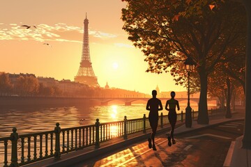 Fototapeta premium Two people running on a path next to a river. The sun is setting and the sky is orange