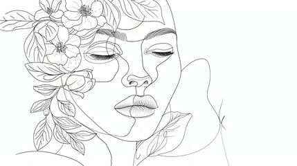Women face in one line art style with flowers and leaves.Continuous line art in elegant style for prints, tattoos, posters, textile, cards etc. Beautiful woman face Vector illustration