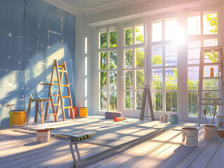 A room with a ladder and paint cans, and a window with a view of a city