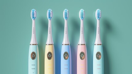 Five colorful electric toothbrushes in a row against a green background.