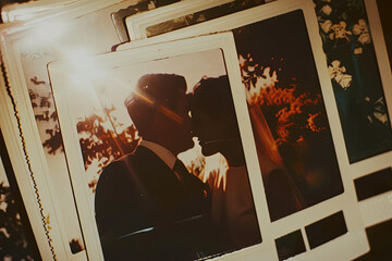 A nostalgic collection of Polaroid wedding photos from the 60s or 70s, capturing timeless love and intimate moments frozen in time.