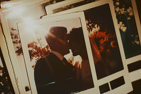 A nostalgic collection of Polaroid wedding photos from the 60s or 70s, capturing timeless love and intimate moments frozen in time.