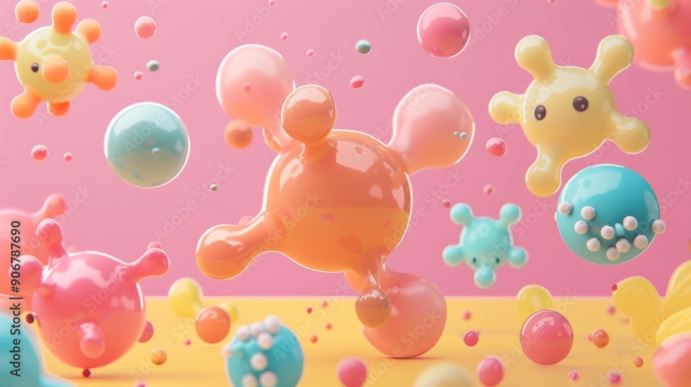 Poster abstract colorful 3d shapes floating on a pink and yellow background.