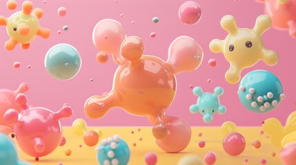 Abstract colorful 3D shapes floating on a pink and yellow background.