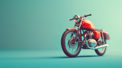 A classic red motorcycle on a turquoise background. The motorcycle is in focus and the background is blurred.