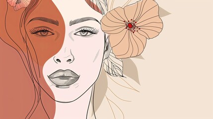 Women face in one line art style with flowers and leaves.Continuous line art in elegant style for prints, tattoos, posters, textile, cards etc. Beautiful woman face Vector illustration