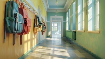Empty hallway in the school backpacks and bags on hooks bright recreation room.