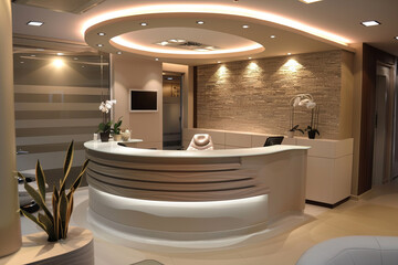 A modern dental office reception featuring stylish furniture and contemporary interior decor, creating a welcoming and professional environment for patients
