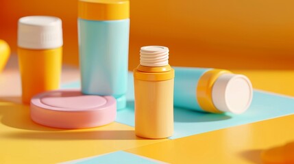 Assortment of colorful cosmetic bottles and containers on a yellow and blue background.