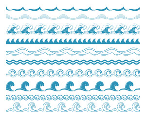 Sea wave borders. Seamless ocean blue waves, nautical horizontal border for pattern brush, wavy water splashes. Sea storm and river flow abstract symbols. Isolated vector set. © Frogella.stock