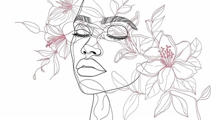 Women face in one line art style with flowers and leaves.Continuous line art in elegant style for prints, tattoos, posters, textile, cards etc. Beautiful woman face Vector illustration