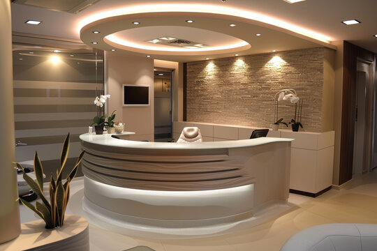 A modern dental office reception featuring stylish furniture and contemporary interior decor, creating a welcoming and professional environment for patients