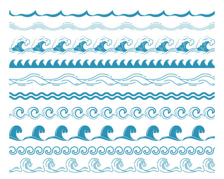 Sea wave borders. Seamless ocean blue waves, nautical horizontal border for pattern brush, wavy water splashes. Sea storm and river flow abstract symbols. Isolated vector set.