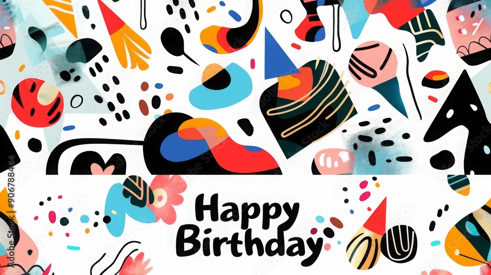 Poster a vibrant display of abstract shapes and patterns featuring a cheerful happy birthday message, perfe