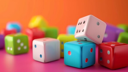 Colorful dice scattered on a pink surface against a vibrant orange background.