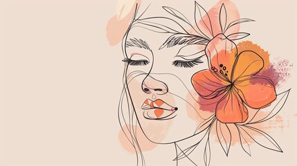 Women face in one line art style with flowers and leaves.Continuous line art in elegant style for prints, tattoos, posters, textile, cards etc. Beautiful woman face Vector illustration