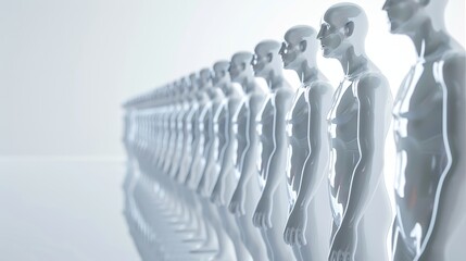 Fototapeta premium A line of faceless figures stand in a row, representing conformity, anonymity, or a robotic future.
