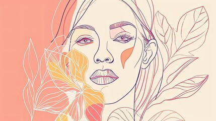 Women face in one line art style with flowers and leaves.Continuous line art in elegant style for prints, tattoos, posters, textile, cards etc. Beautiful woman face Vector illustration