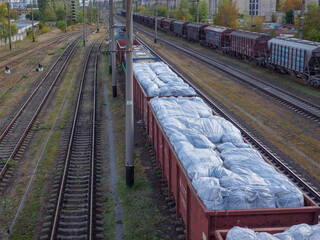 A long goods freight train with wagons without roofs loaded with huge white sacks and waiting at...