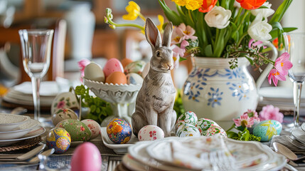 A beautifully set Easter table, adorned with colorful decorations, spring flowers, and festive touches, perfect for a holiday celebration