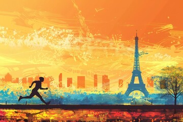 A man runs in front of the Eiffel Tower. The sky is orange and the city is in the background
