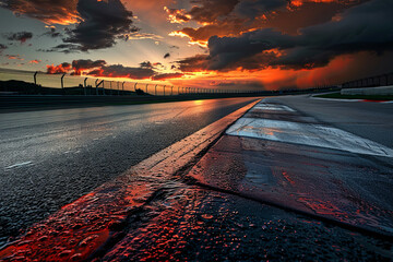 Scenic evening view of an asphalt international race track, illuminated under a dramatic sky, perfect for motorsport and speed-themed visuals