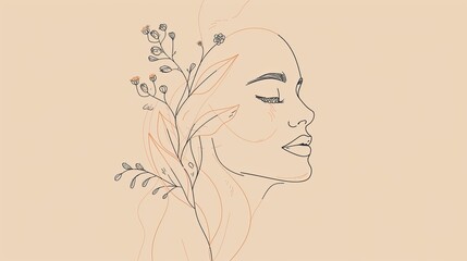 Women face in one line art style with flowers and leaves.Continuous line art in elegant style for prints, tattoos, posters, textile, cards etc. Beautiful woman face Vector illustration