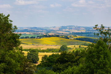 Naklejka premium Paysage agricole de collines, de haies et de forêts de la vallée de la Lèze depuis le village de Carla-Bayle