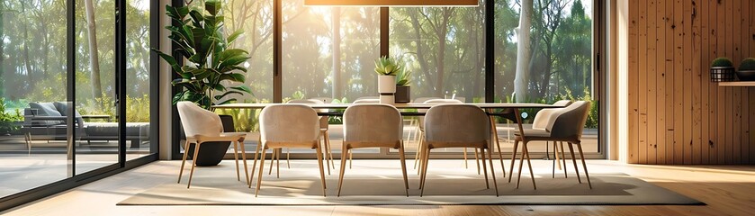 Modern Dining Room with Wooden Table and Chairs, Natural Light and Greenery