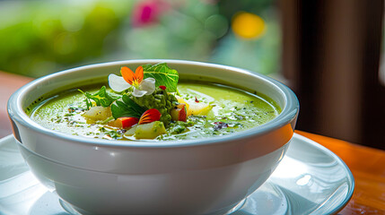 Chef's vegetable cream soup, served with finesse and flair, showcasing culinary expertise and the art of fine dining in a professional kitchen