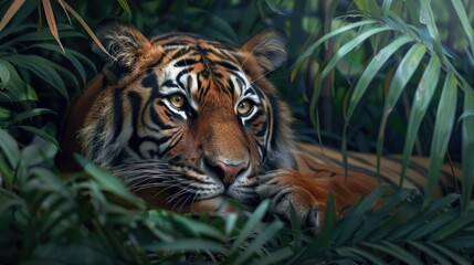 Resting Sumatran tiger in foliage